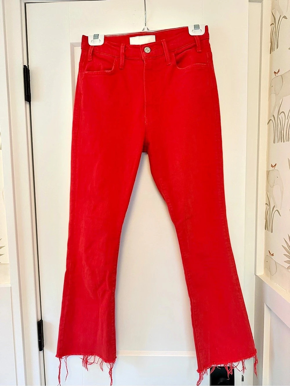 MOTHER The Kick It High-Rise Ankle Fray Jeans Red Flare Jeans